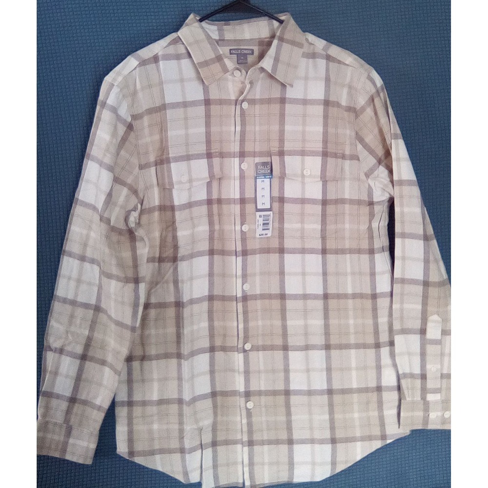 Falls Creek Mens Super Soft Flannel Shirt Tan White Plaid Long Sleeve Medium NWT